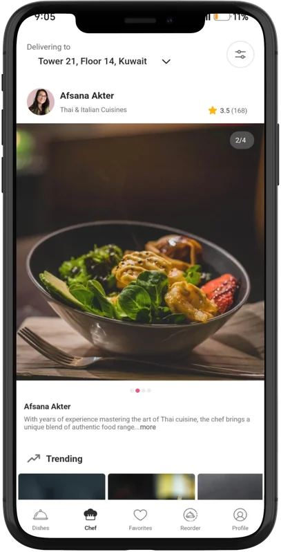 A preview of Wakilny’s dish discovery feed and chef profiles