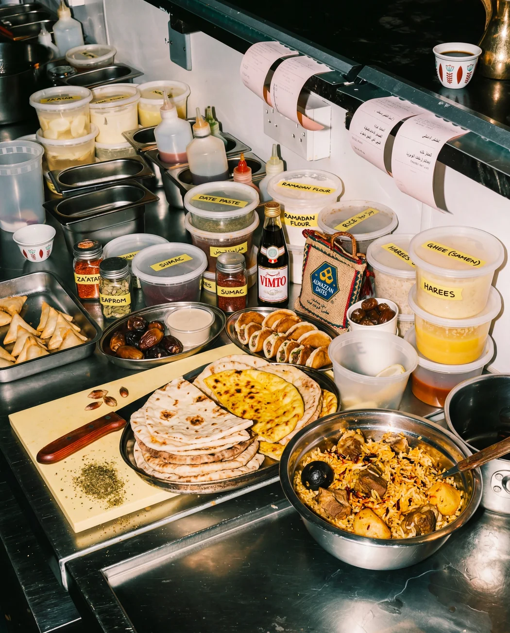 A Kuwaiti kitchen table filled with machboos, flatbread, sambosas, dates, and spices